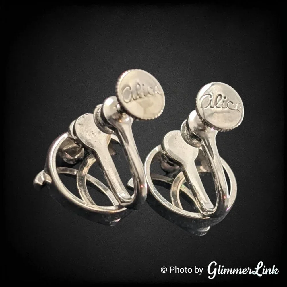 Vintage 1950s Alice Silver Tone Modernist Screw Back Earrings Signed